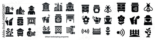 Urban beekeeping solid icons set – filled, silhouette, honeybee and apiary symbols