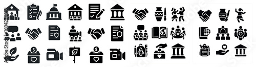 Business and politics solid icons set – filled, corporate, government symbols