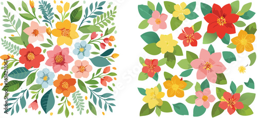 A set of two vibrant floral illustrations featuring a colorful bouquet and a pattern of scattered flowers and leaves.