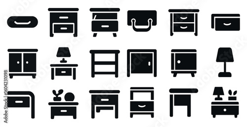 Furniture solid icons set – silhouette, filled, home decor and interior symbols