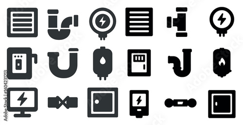 Plumbing and electricity solid icons set – flat, filled, utility and repair symbols