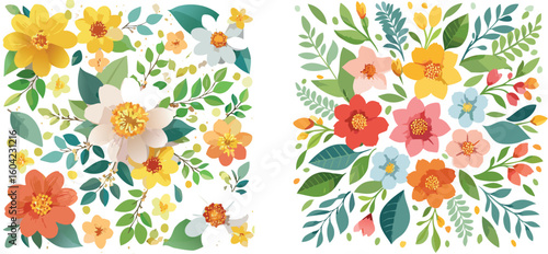 A diptych of two floral arrangements with colorful blossoms and lush green leaves, presented in a modern, illustrative style.