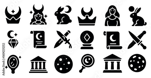 Mystic and magic icons set – solid, silhouette, mystical and fantasy symbols