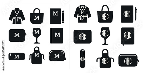 Monogram lifestyle filled icons set – solid, personalized, initial branding symbols