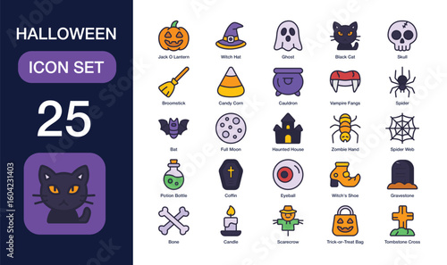 halloween set of web icons in outline flat. Containing jack o lantern, witch hat, ghost, black cat, skull, broomstick, candy corn, and more. Editable stroke