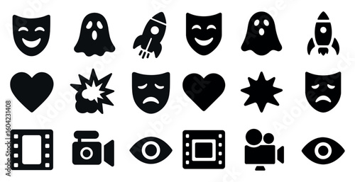 Entertainment and media icons set – solid, filled, cinema and expression graphics