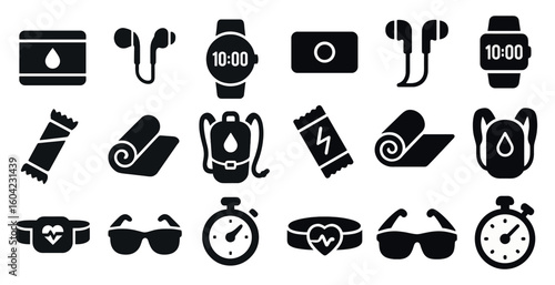 Fitness and gym silhouette icons set – solid, filled, exercise and workout symbols