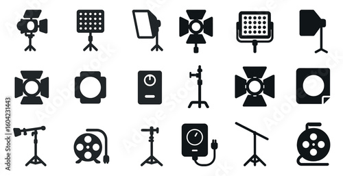 Photography equipment silhouette icons set – studio, lighting, camera gear symbols