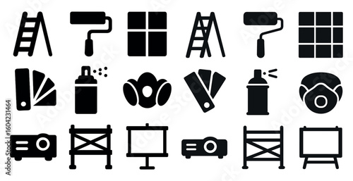 Construction tools solid icons set – silhouette, filled, building and diy designs