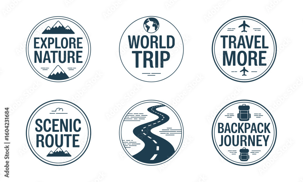 Obraz premium Six unique travel logo designs featuring scenic routes, world trips, nature exploration, and backpacking journeys, ideal for wanderlust-themed branding and adventure projects.
