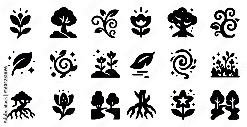 Fototapeta premium Nature and environment icons set – solid, filled, botanical and eco-friendly symbols
