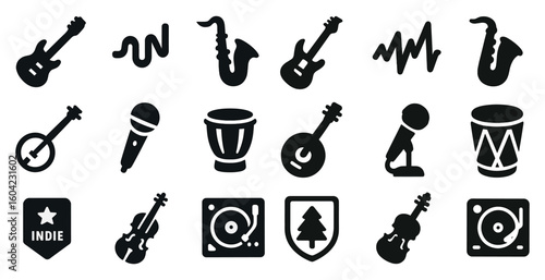 Music instrument solid icons set – flat, filled, sound and performance symbols