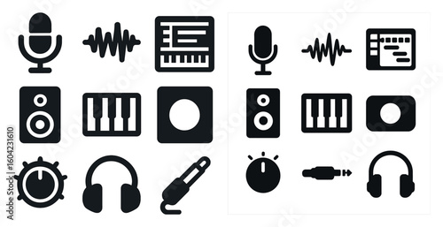Music equipment solid icons set – audio, filled, recording and sound symbols
