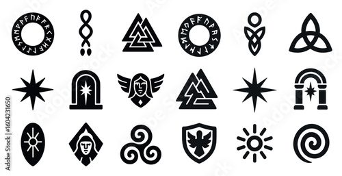Norse mythology silhouette icons set – flat, solid viking symbols and ancient emblems