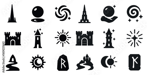 Mystical and fantasy icons set – silhouette, solid, enchantment symbols and emblems