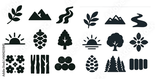 Nature and outdoor solid icons set – silhouette, filled, adventure symbols