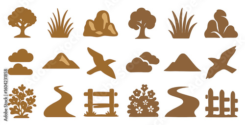 Nature solid icons set – silhouette, landscape, flora and outdoor symbols