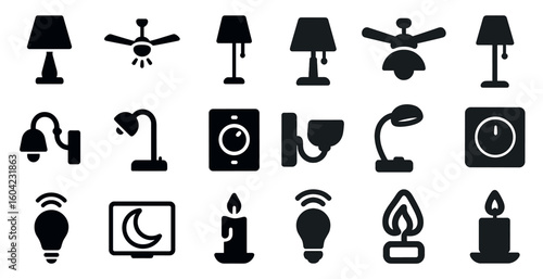 Home lighting silhouette icons set – lamps, fixtures, modern and classic designs