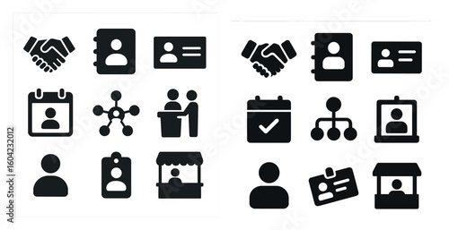 Business essentials solid icons set – silhouette, filled, corporate and office symbols