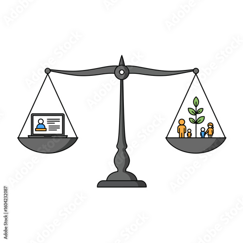 A balance scale shows a laptop on one side and a family with a plant on the other, representing work-life balance.