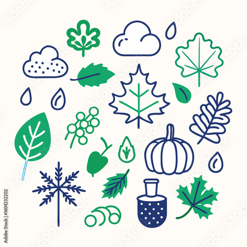 Whimsical autumn and rainy weather doodle collection with leaves and pumpkin