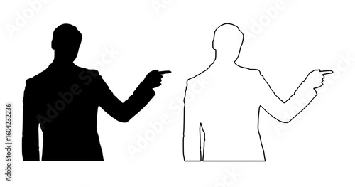 a black and white image of a man in a suit pointing his hand to the right black, businessman, finger, hand, image, man, point, silhouette, stand, suit 