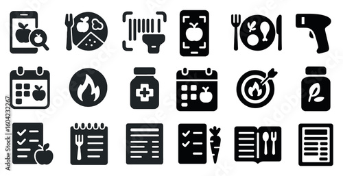 Nutrition and diet solid icons set – filled, food, health and wellness symbols