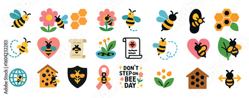 Don’t Step on a Bee Day Icons Set Awareness Flowers Honeycomb Art