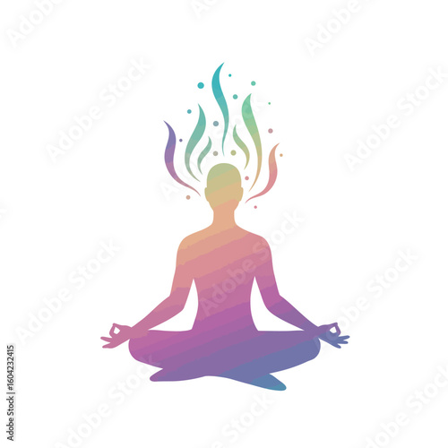 Silhouette of a person in lotus position meditating with colorful aura or energy emanating from their head.