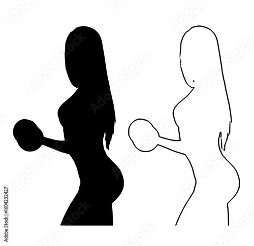 black and white silhouette of a pregnant woman with a ball ball, black, girl, image, pregnant, silhouette, woman 