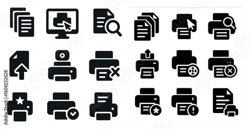Printer and document solid icons set – flat, filled, office and business symbols