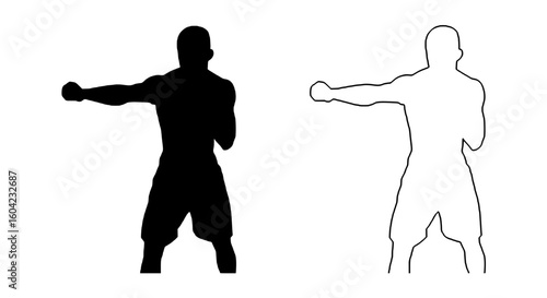 a black and white image of a man standing in a pose arm, black, boxer, image, man, pose, silhouette, stand 