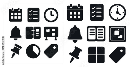 Office management solid icons set – work, organization and task symbols