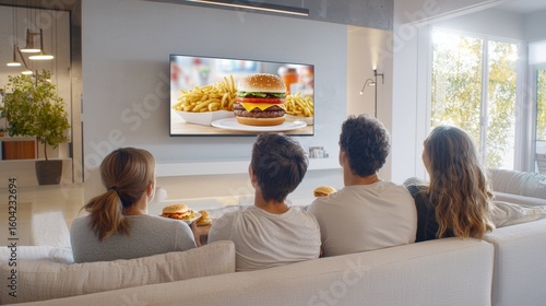 Family watches fast food commercial in modern living room with mixed reactions
