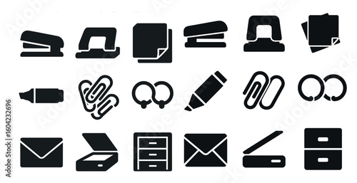 Office supply solid icons set – stationery, workplace, and office essentials