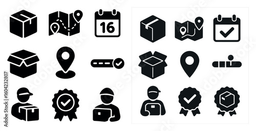 Delivery and shipping solid icons set – filled, flat, logistics and package symbols