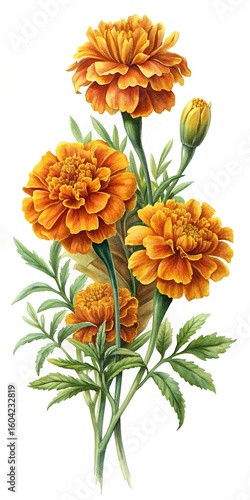 Watercolor painting of vibrant orange marigold flowers with green leaves and stems