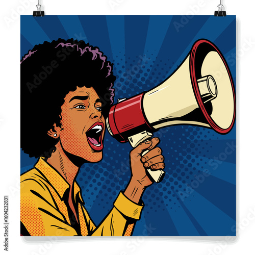 A powerful Black woman with an afro shouts into a megaphone, a vibrant pop art style illustration.