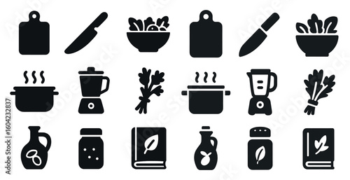 Cooking and kitchen solid icons set – filled, culinary, gastronomy symbols