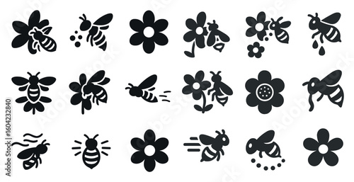 Bee and flower solid icons set – filled, silhouette, pollination and garden symbols