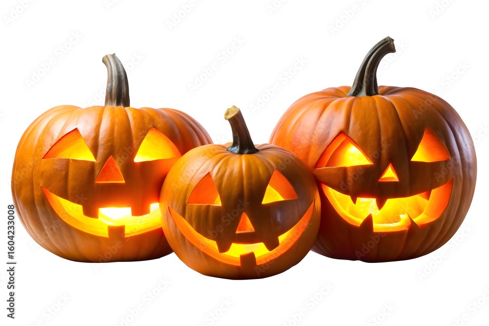 Fototapeta premium Three Glowing Jack O Lanterns on a White Background