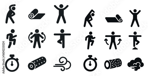 Fitness and exercise solid icons set – filled, workout and training symbols