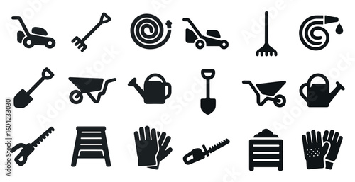 Gardening tool solid icons set – filled, black, backyard and landscaping essentials