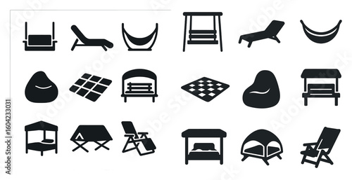 Outdoor furniture silhouette icons set – solid, filled, patio and garden symbols