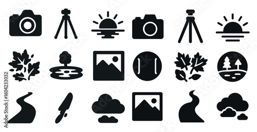 Photography and nature icons set – solid, filled, camera and landscape symbols