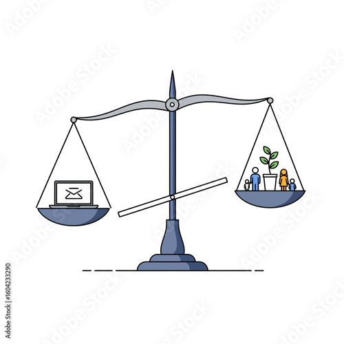 Scales showing imbalance between a laptop with an email icon and a plant with people, symbolizing work-life balance issues.