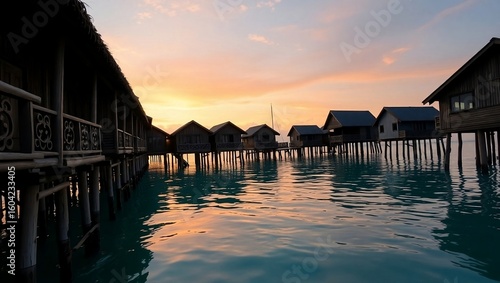 Wooden villas over turquoise sea at sunset in exotic location.