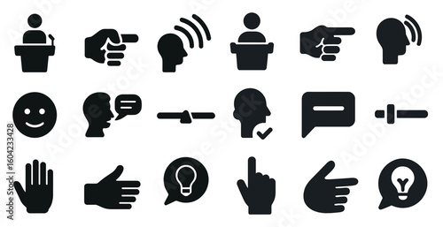 Communication and interaction solid icons set – filled, conversation, dialogue symbols