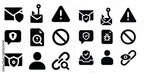 Cybersecurity solid icons set – silhouette, filled, protection and security symbols