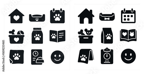 Pet care solid icons set – veterinary, silhouette, animal welfare symbols